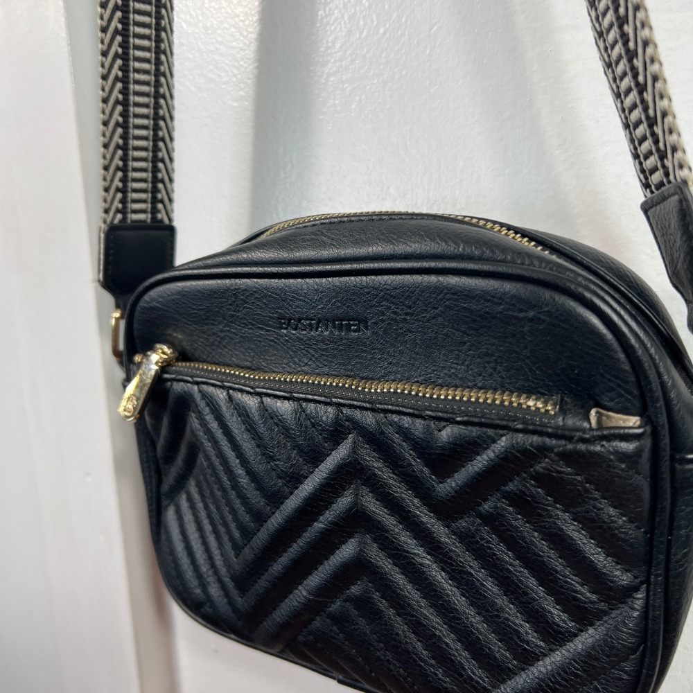 Bostanten Black Quilted Leather Crossbody Bag with Woven Guitar Strap